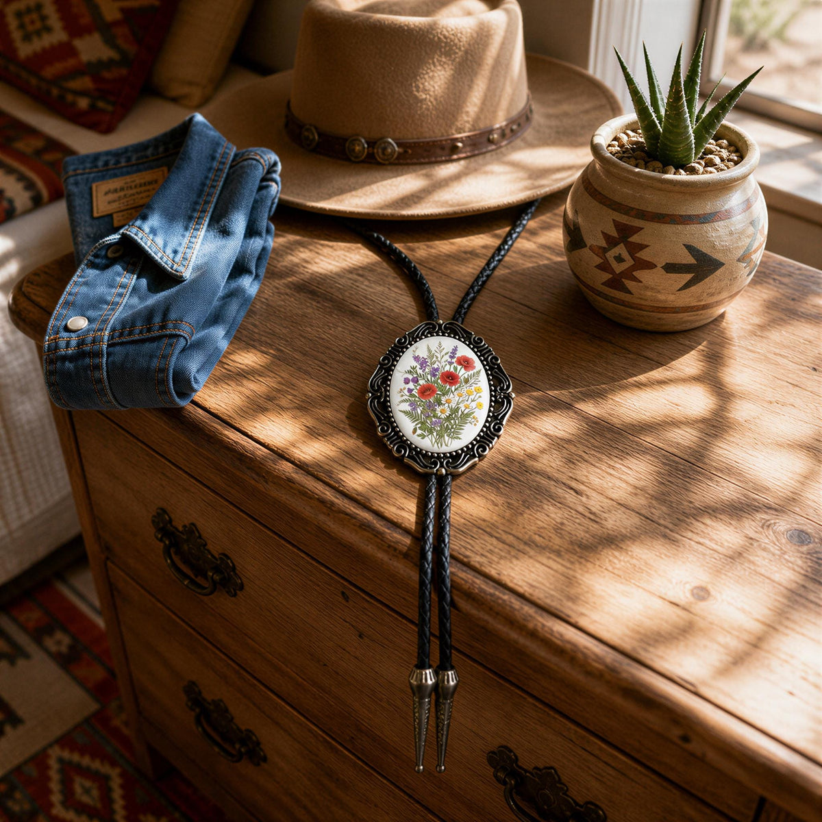 Vibrant flower bouquet bronze setting cowboy fashion decorative aglets wood grain backdrop.