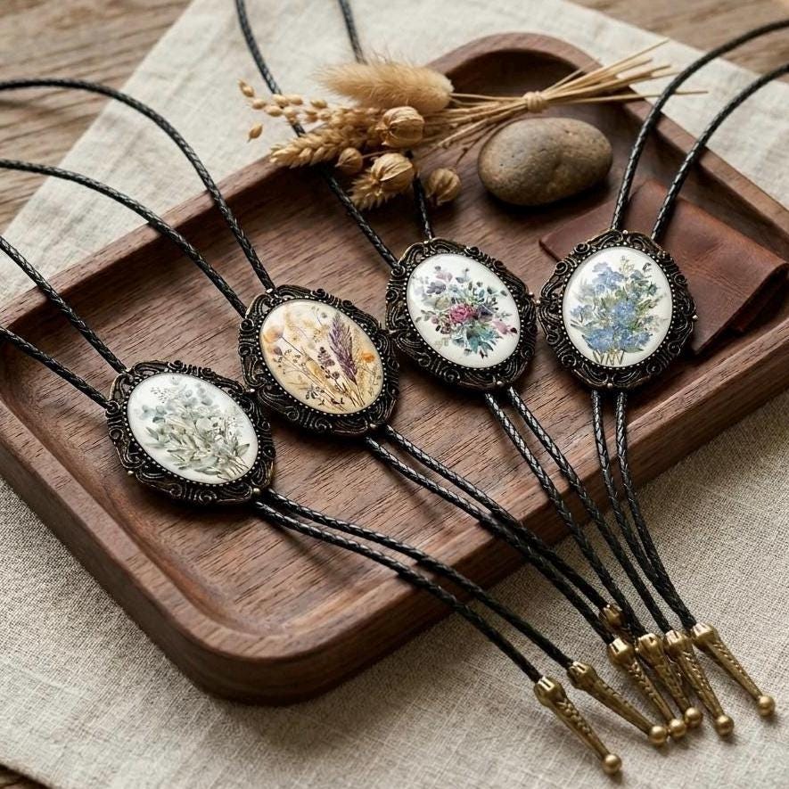Floral bolo ties for weddings featuring vintage bronze frames, braided leather cords, and botanical flower artwork for groom, groomsmen, western wedding outfits, rustic formalwear, and handmade floral accessories.