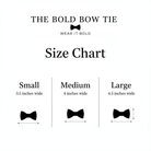 Dog bow tie size chart. Size Small is 3 1/2 inches wide for small dogs under 15 lbs. Size Medium is 4 inches wide for medium dogs between 15 band 40 lbs. Size Large is 4 1/2 inches wide for Large Dogs between 40 band 80 lbs. Sizing is up to preference and pet bow ties slide on to dog collars with elastic.