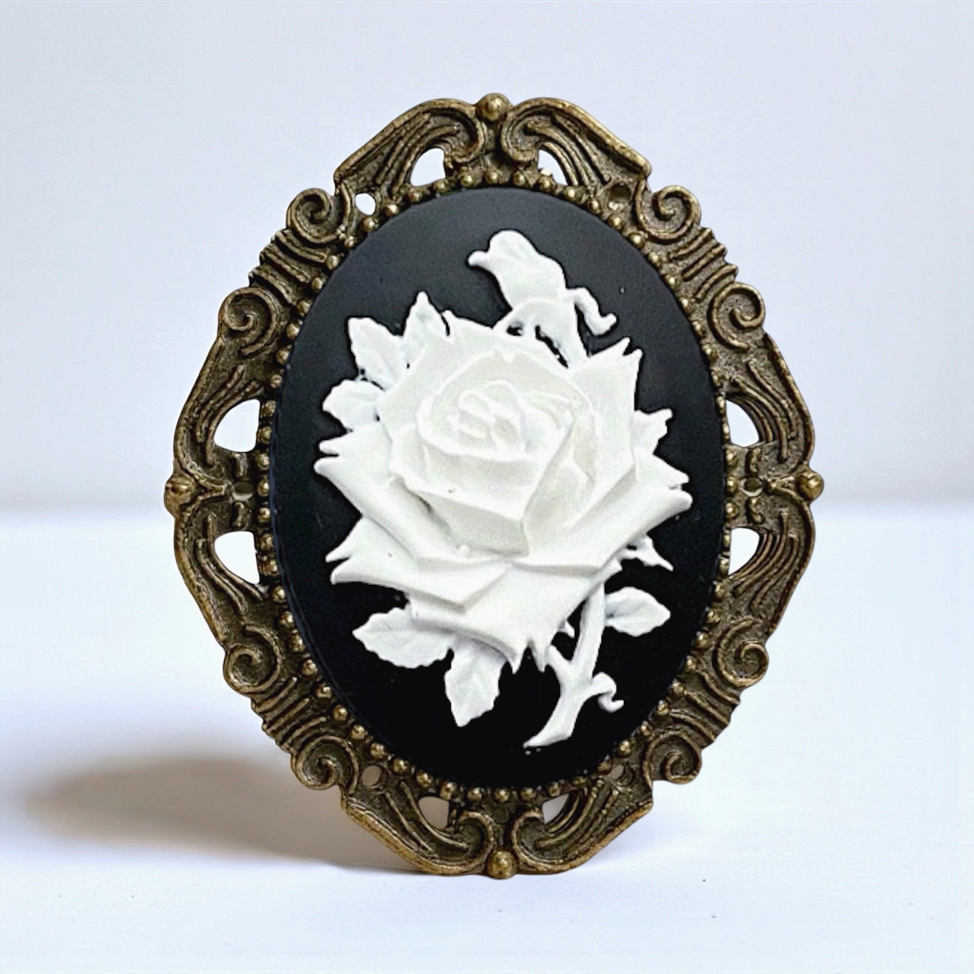 Vintage Floral Brooch, Wedding Cameo Brooch- black and white flower in bronze setting.