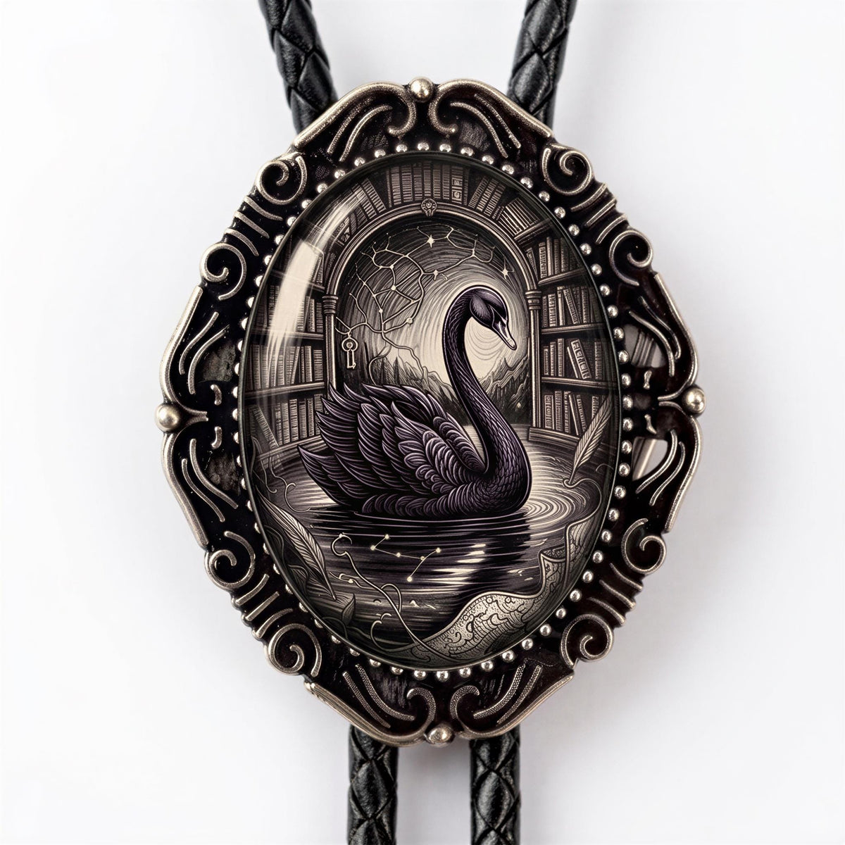 A decorative pendant featuring a black swan swimming in a pond, surrounded by bookshelves and a starry night sky.