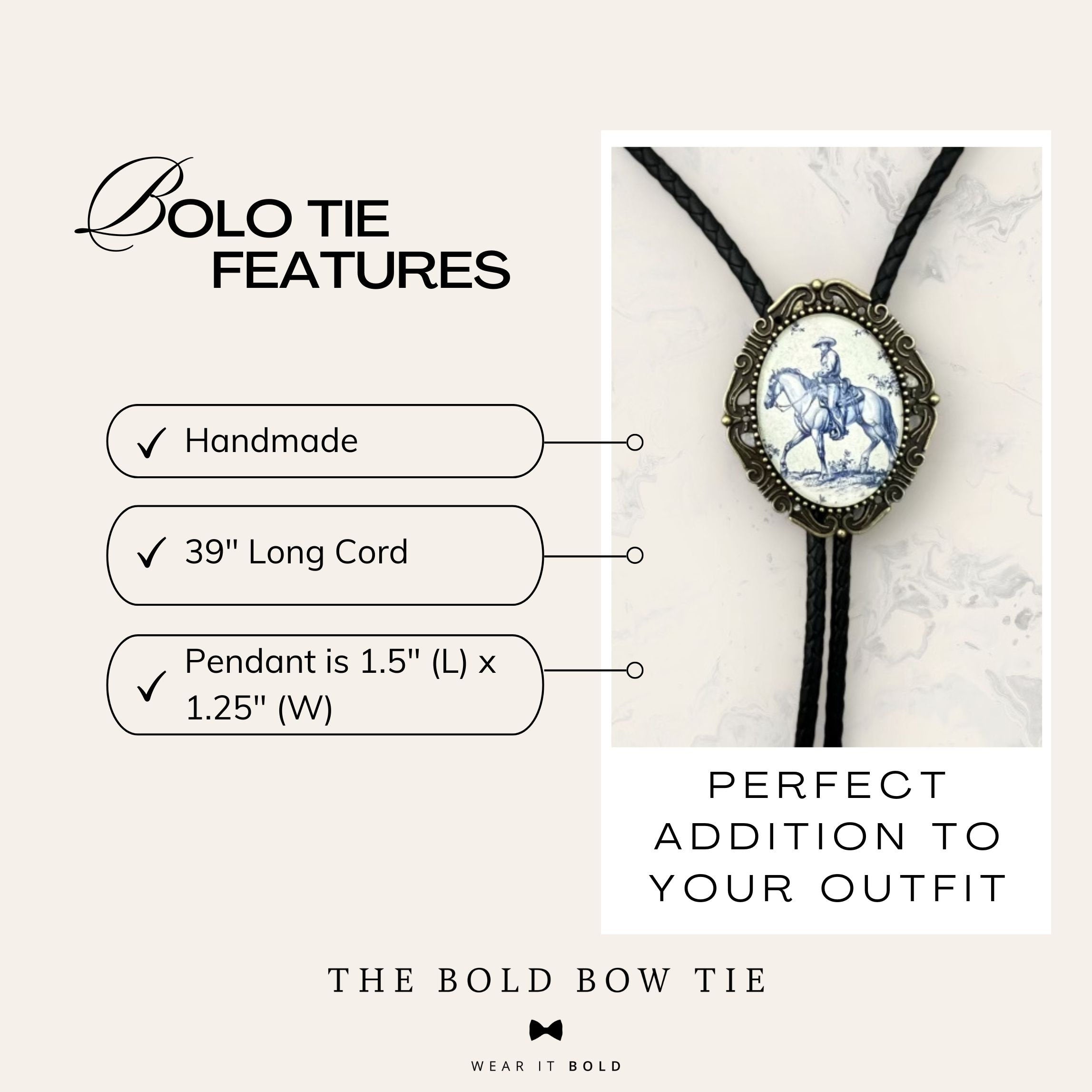 Bolo tie with features listed on a light background