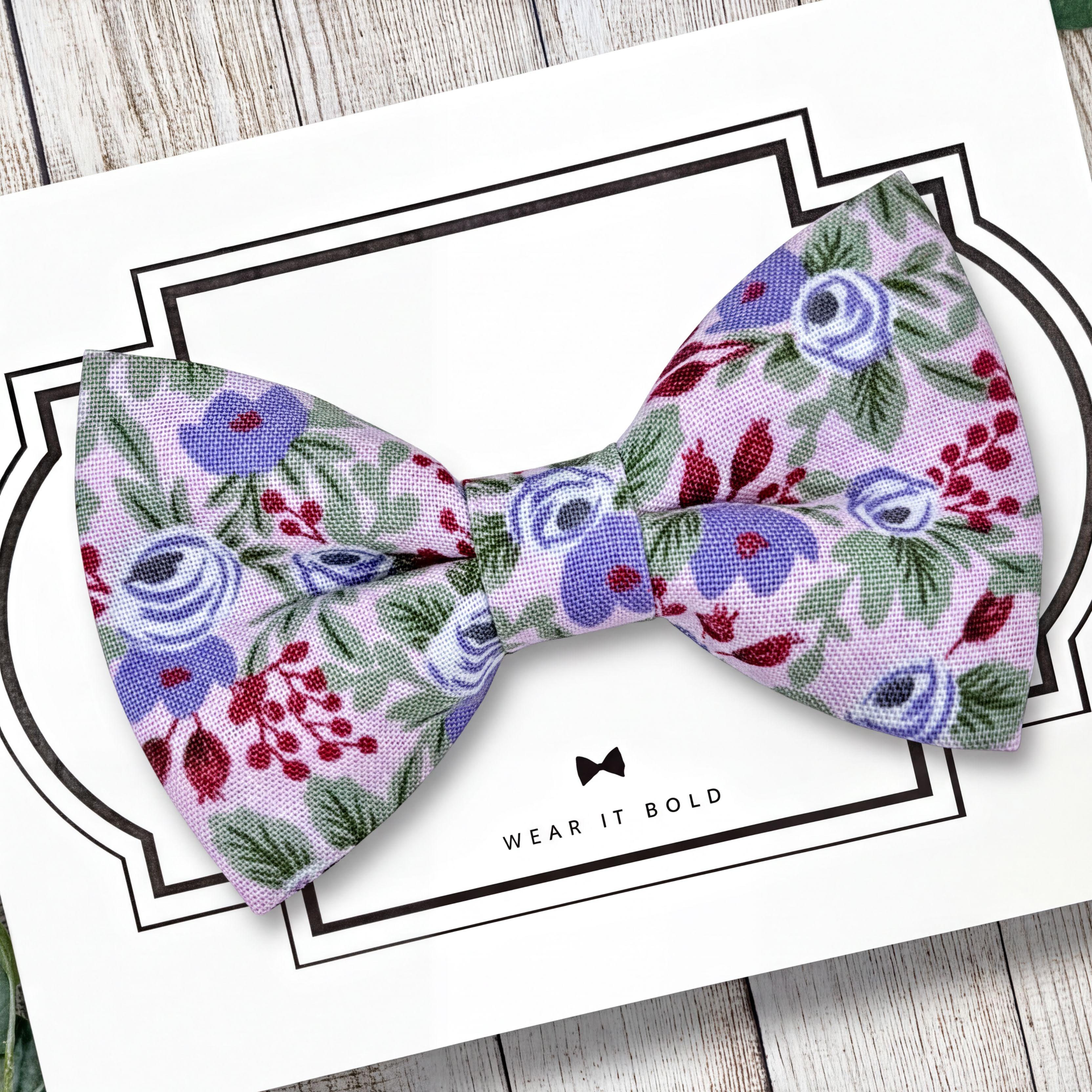 Lavender floral dog bow tie for a dog wedding ring bearer bowtie.