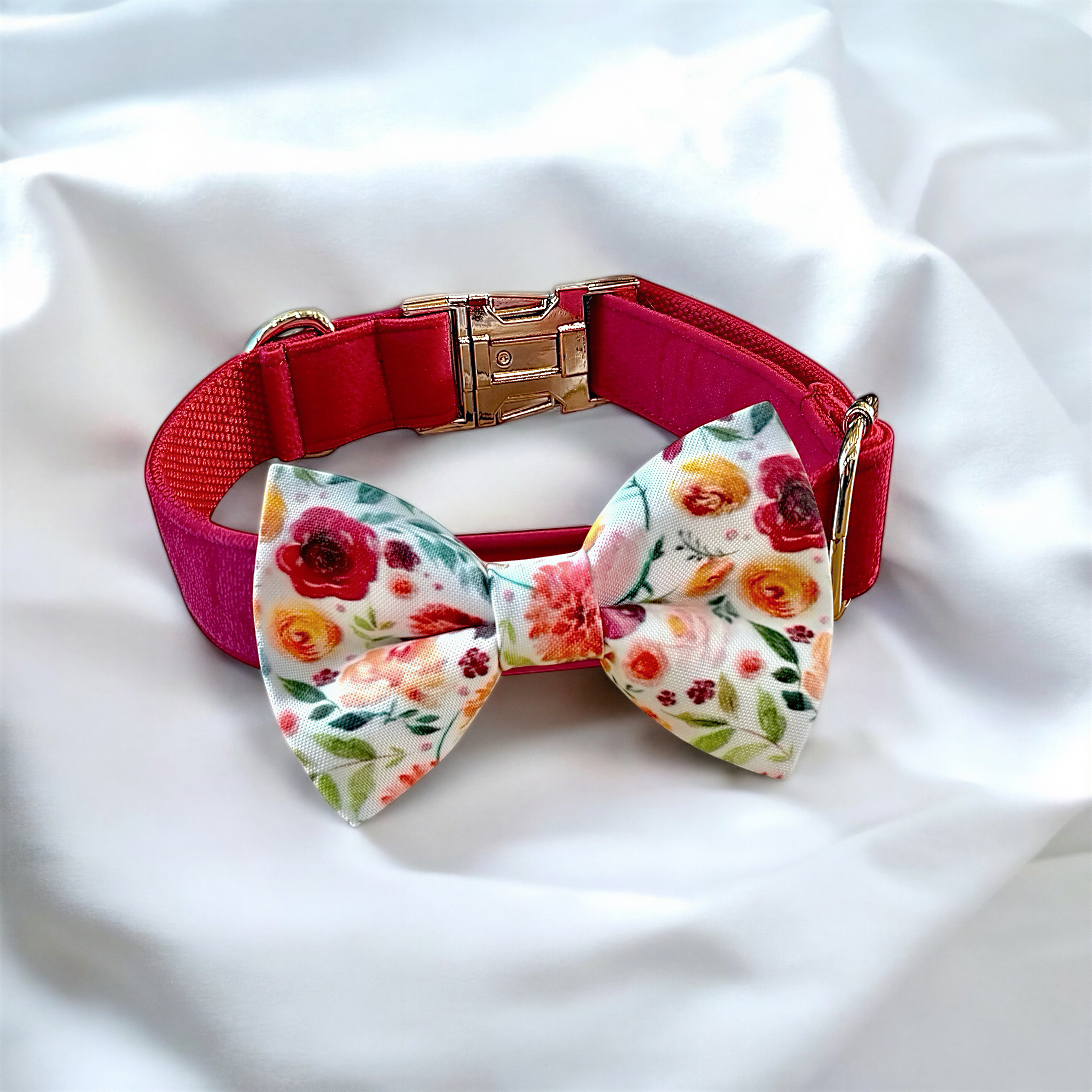 Dog bow tie size chart. Size Small is 3 1/2 inches wide for small dogs under 15 lbs. Size Medium is 4 inches wide for medium dogs between 15 band 40 lbs. Size Large is 4 1/2 inches wide for Large Dogs between 40 band 80 lbs. Size Extra Large is 5 1/2 inches wide for Extra Large Dogs over 80 lbs. Sizing is up to preference and pet bow ties slide on to dog collars with elastic.