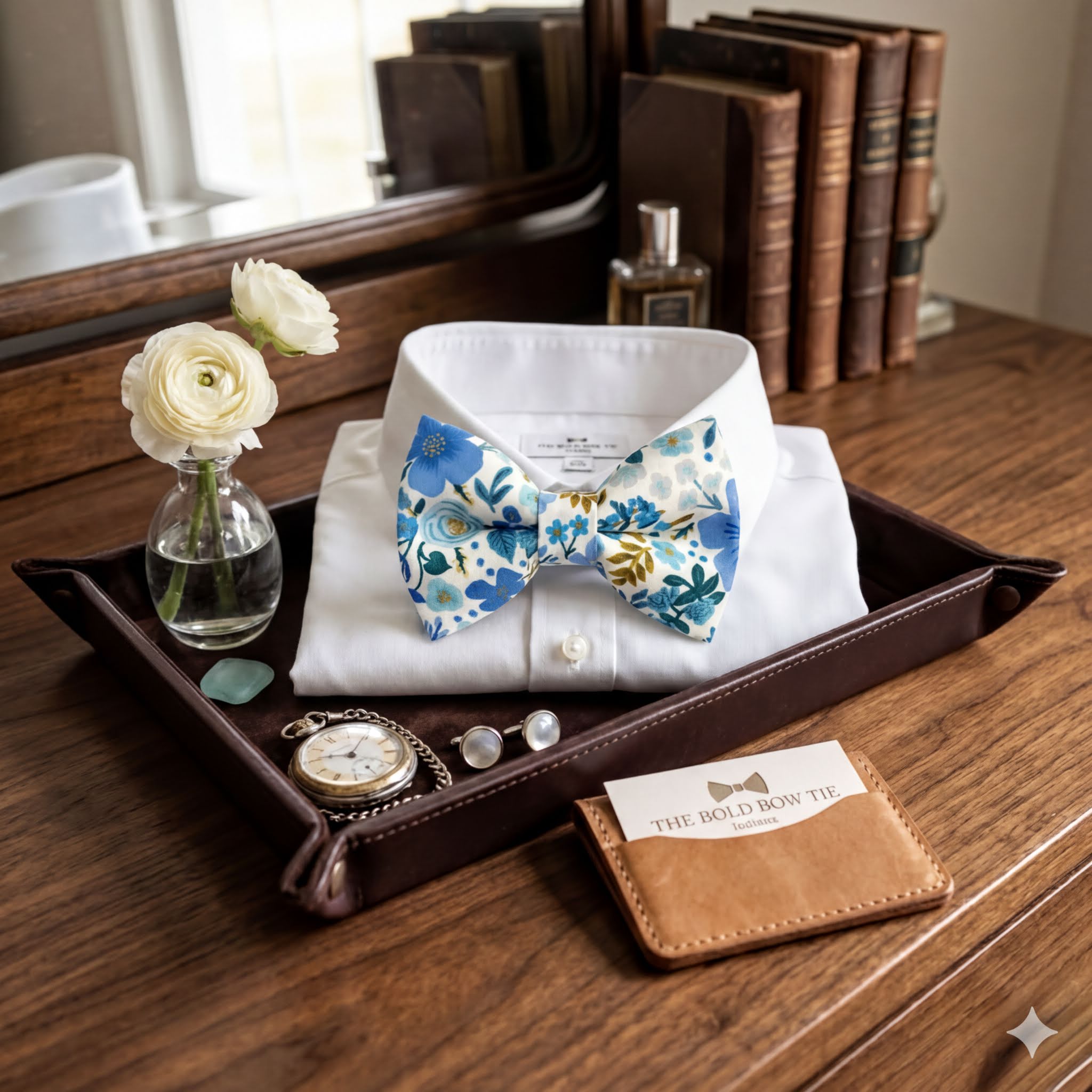 Size chart for pre-tied bow ties from The Bold Bow Tie detailing measurements across three sizes. Small is 3.5 inches wide and recommended for ages 6 months to 5 years. Medium is 4 inches wide and recommended for ages 6 to 12 years. Large is 4.5 inches wide and recommended for ages 13 years and up. Visual icons illustrate the relative sizes with horizontal arrows showing that width is measured from wingtip to wingtip. Bottom text notes that all bow ties are pre-tied and ready to add to your outfit.