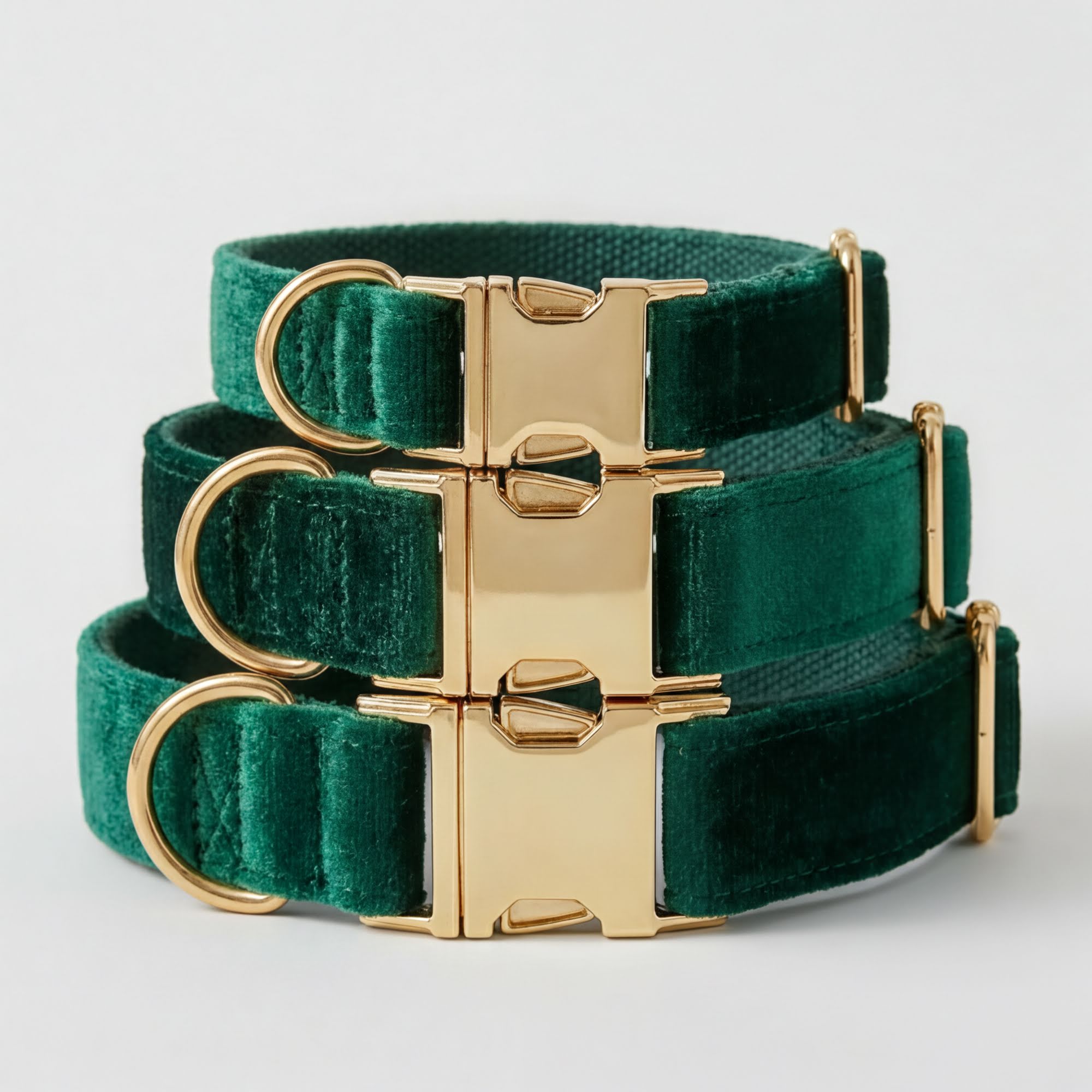 Green velvet dog collars with gold buckles on a light gray background