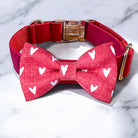 Pink dog bow tie collar with white hearts on a marble background