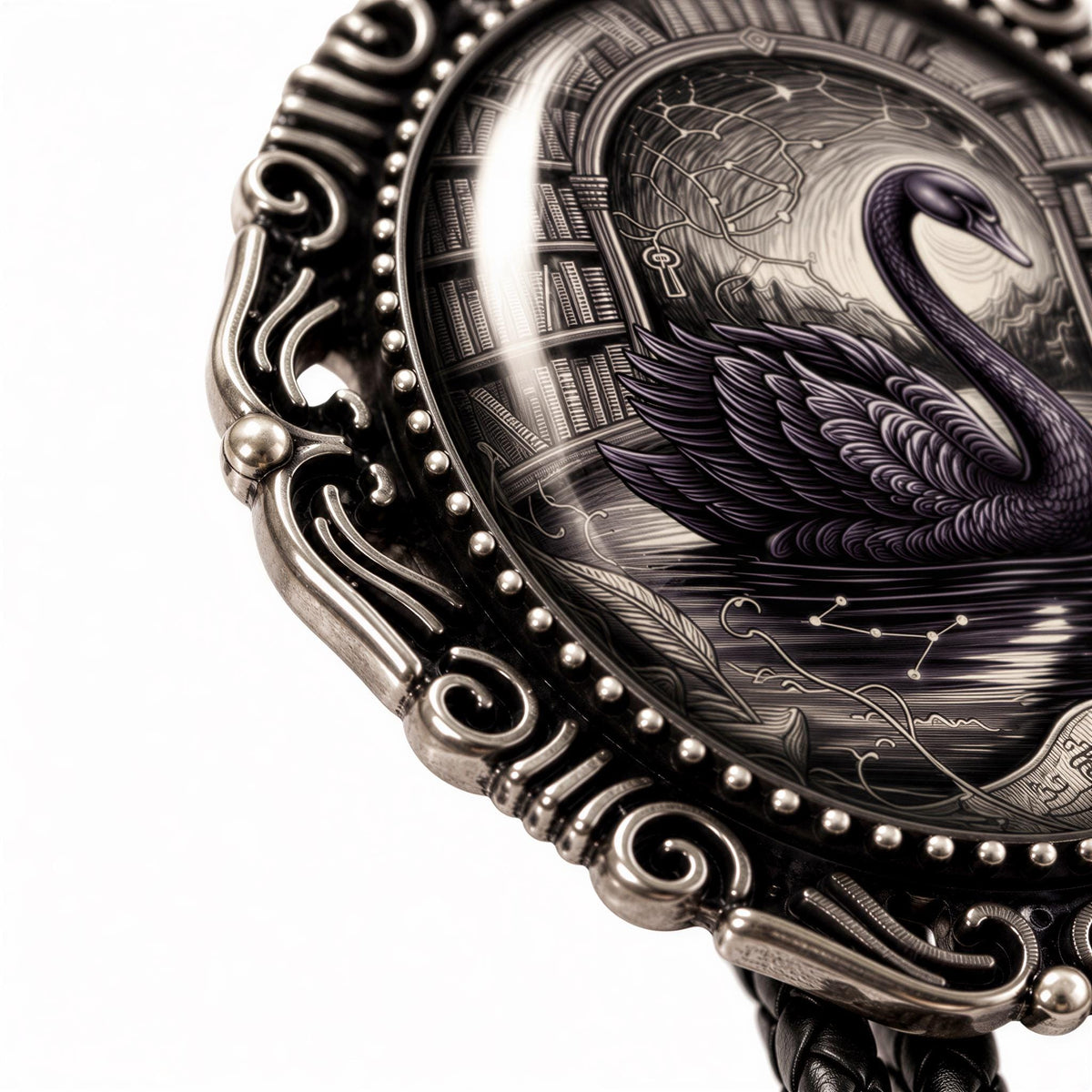 a decorative metal frame with an ornate design, and inside the frame is a detailed illustration of a black swan.