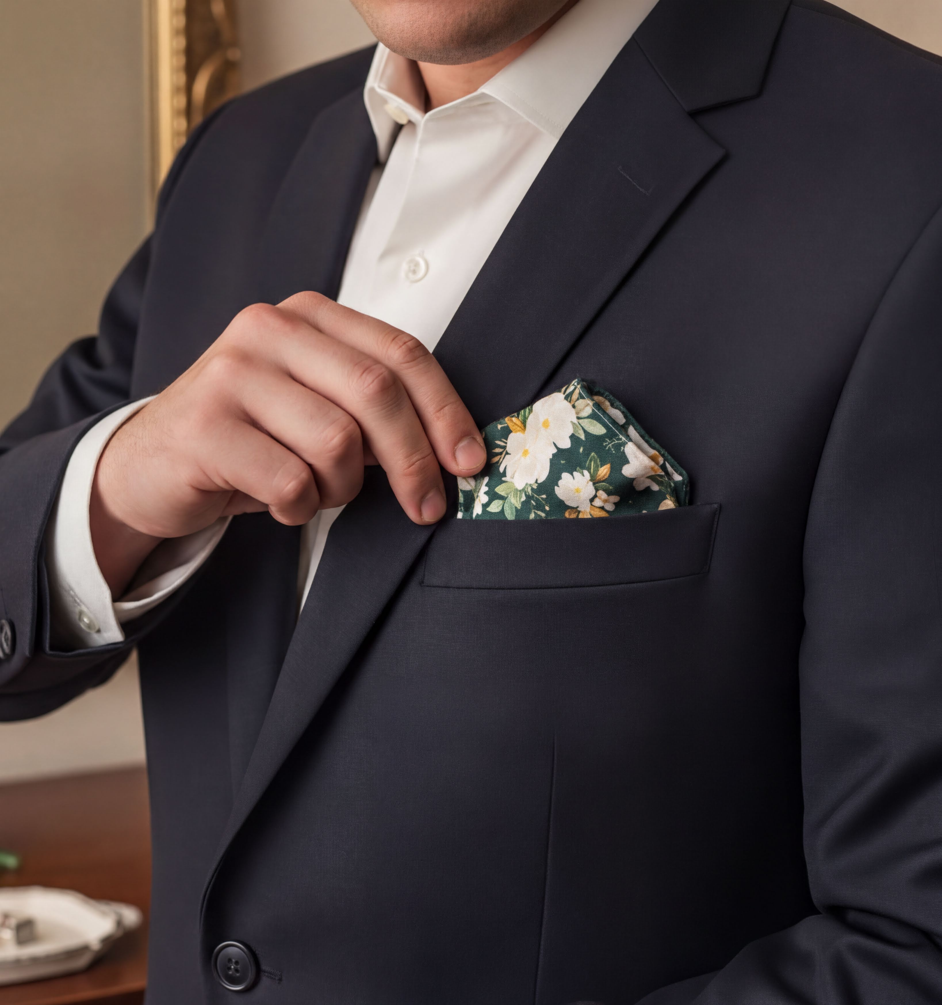 A groomsman in a dark suit jacket is holding a pocket square with a floral pattern.