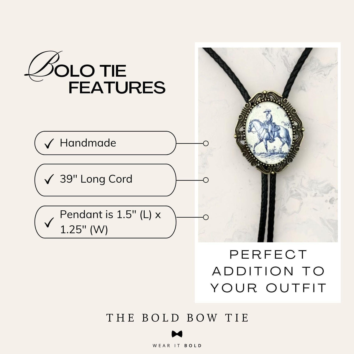 a handcrafted Bolo Tie with a long leather cord, a pendant that is 1.5" (L) x 1.25" (W), and a perfect addition to your outfit.