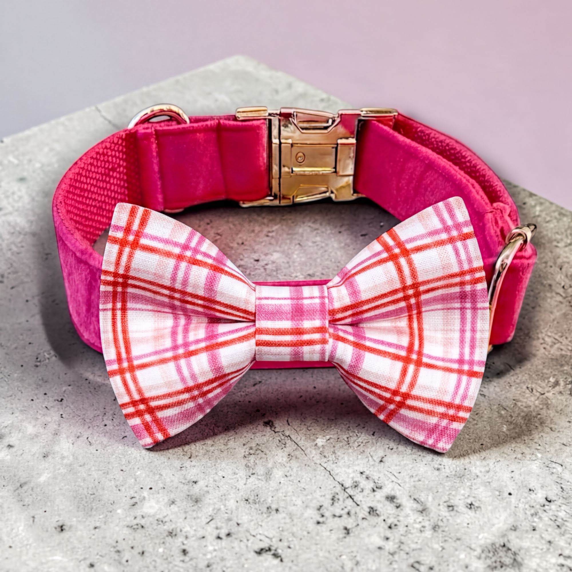 Pink plaid dog collar and bowtie with a gold buckle and a pink and white plaid bow tie on a gray surface.
