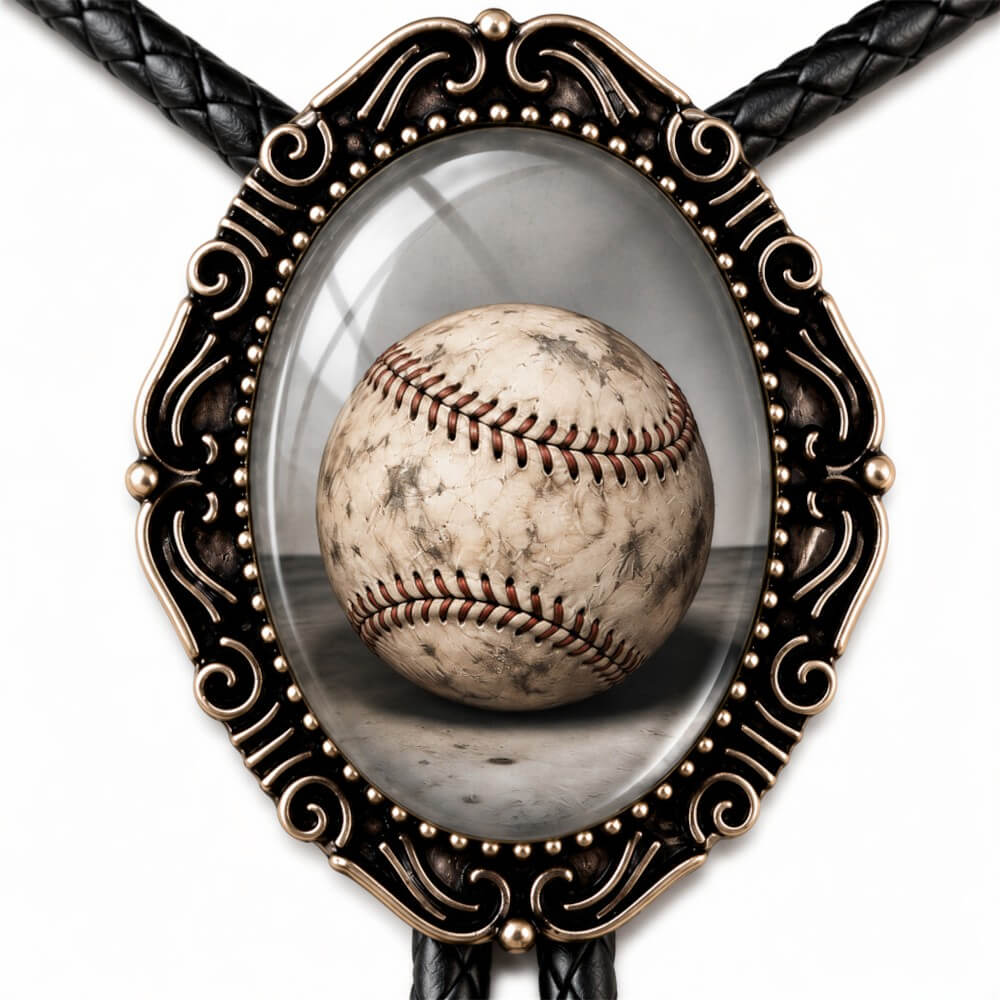 A baseball bolero tie is displayed in a decorative oval frame, which is part of a necklace or accessory.