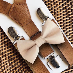 Champagne Bow Tie & Tan Vegan Leather Suspenders Set