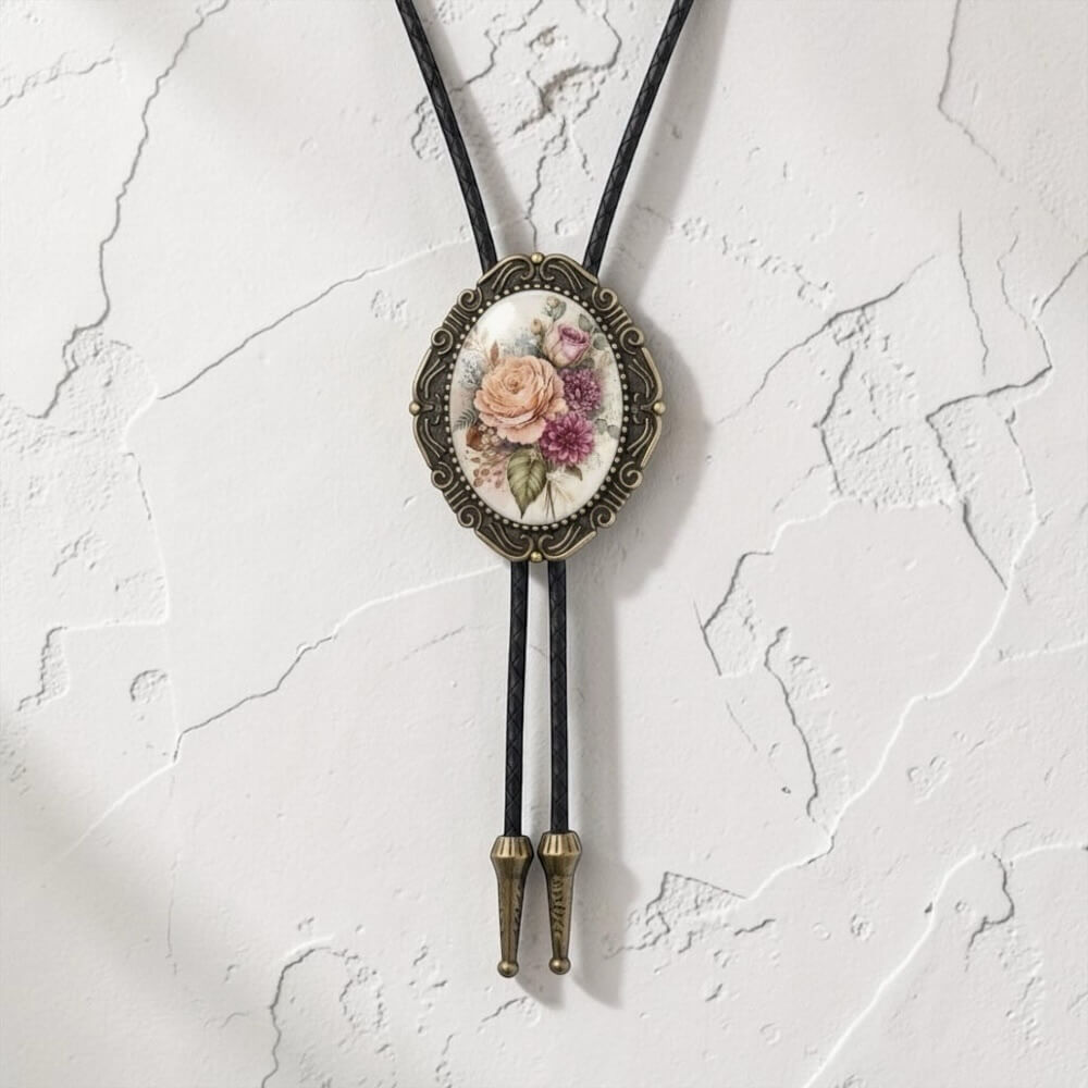 A decorative floral pendant necklace with a black cord and gold-toned metal frame is displayed against a white textured wall.