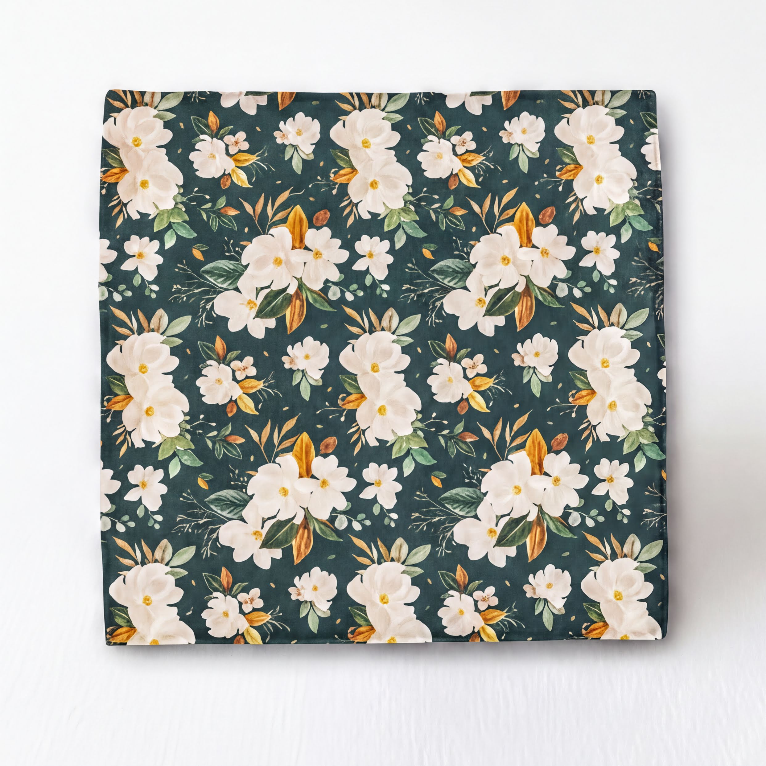 Emerald floral pocket square for groomsmen with a repeating floral pattern in shades of green and white.