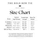 The image is a size chart that provides measurements for different bow tie styles, including X-small, small, medium, and big & tall. It is designed to help customers find the right bow tie size based on their age range and waist measurements.