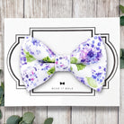 Handmade purple floral dog bowtie and cat bow tie designed as a pet collar accessory for weddings, gifts, and photos.