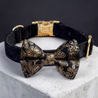 Black & Gold bow tie dog collar in velvet with a gold pet bowtie for weddings, Christmas and New Years Eve.