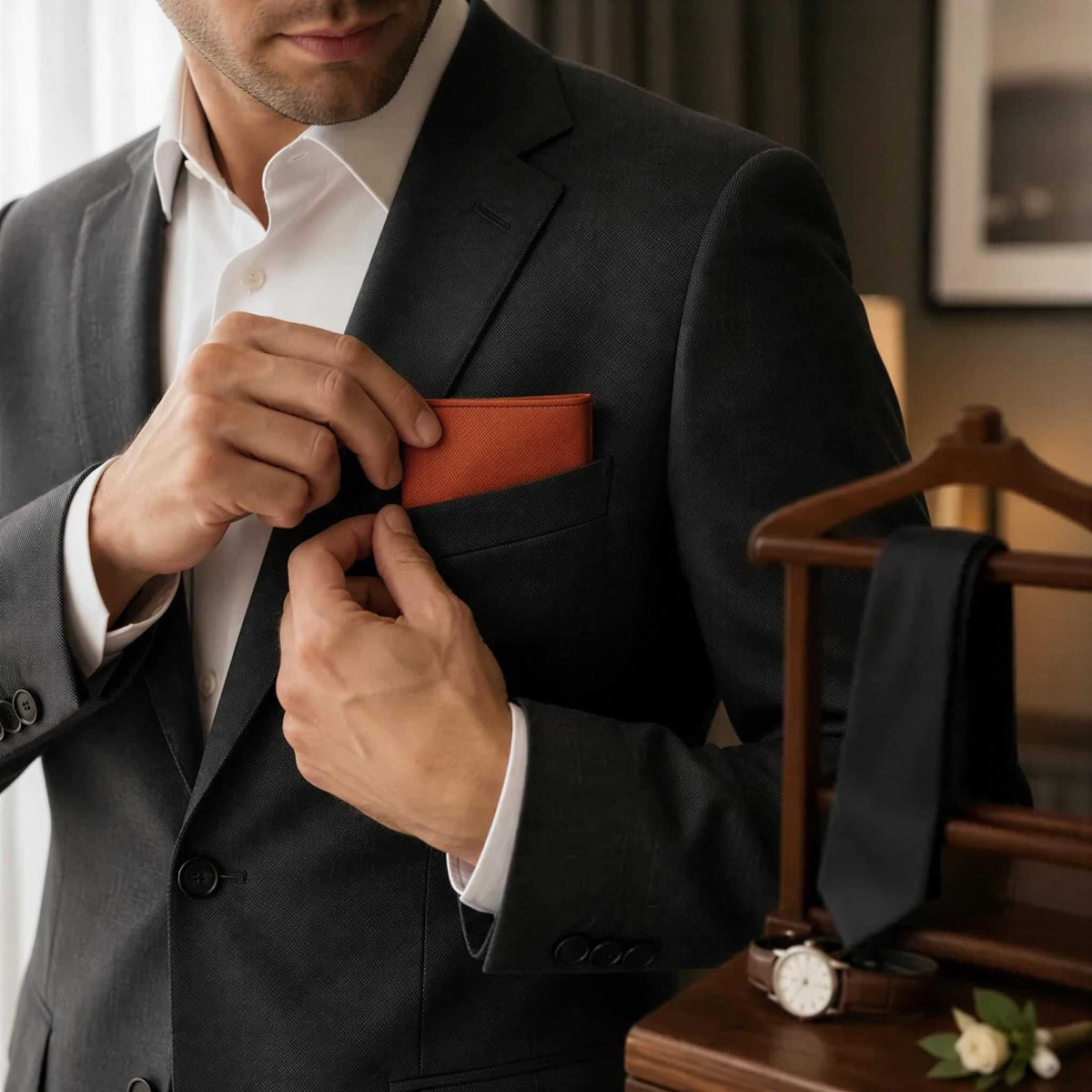 A man in a suit is adjusting his pocket square, with a black tie hanging nearby.