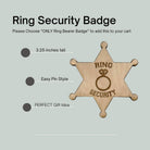 Wooden Ring Security Badge, star-shaped, which is offered as an add-on to orders, if desired, for ring bearer badges. It says "ring security" and has an outline of a wedding ring. Size 3 1/4 inches tall, easy pin style, perfect ring bearer gift idea.