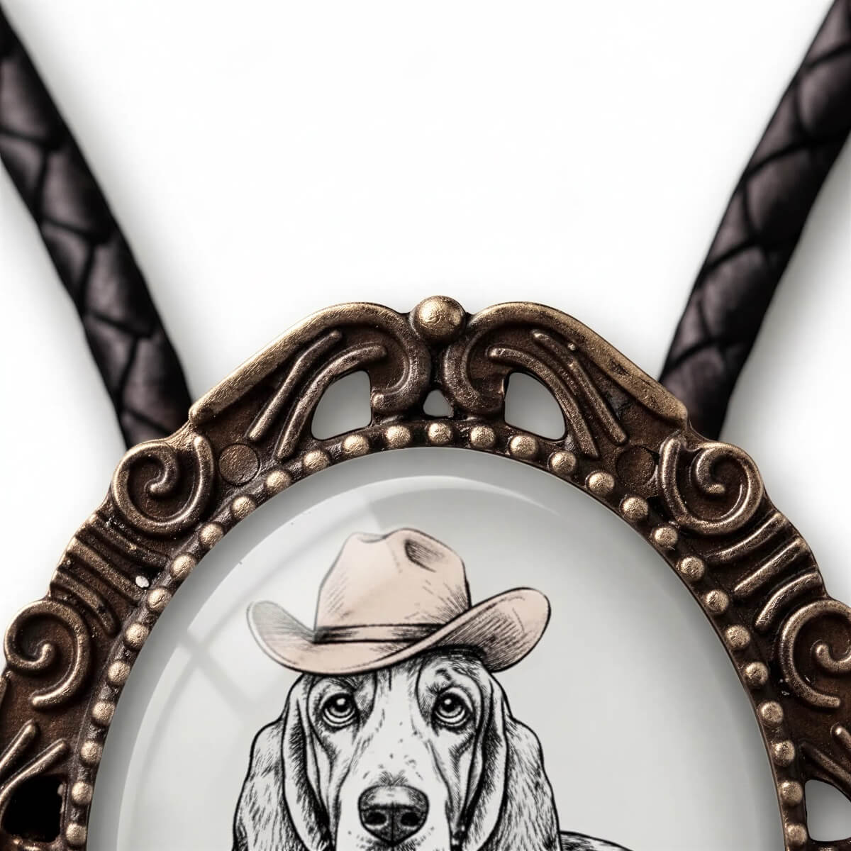 Dog bolo tie for men and women with a cowboy hat on genuine leather cord.