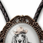 Dog bolo tie for men and women with a cowboy hat on genuine leather cord.