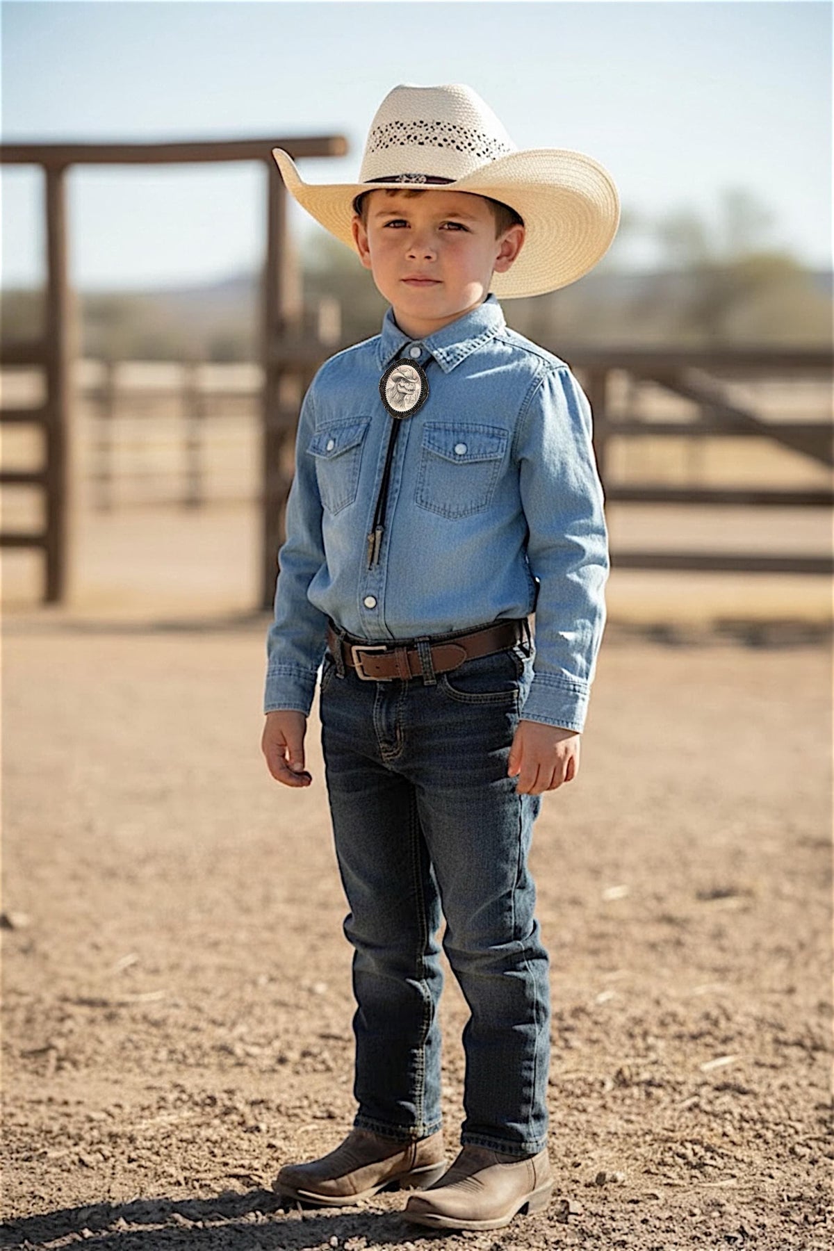 Cowboy kid wearing a dinosaur bolo tie with a denim shirt