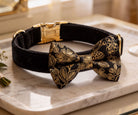 A black collar with a gold floral pattern and a matching bow tie are displayed on a marble surface.