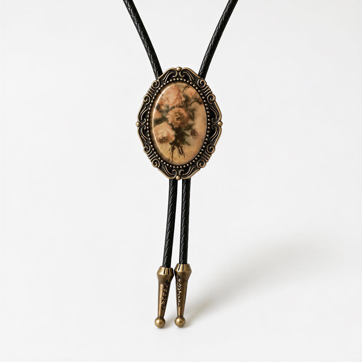 Mens retro floral necklace traditional western wear handcrafted jewelry blush blooms green leaves.