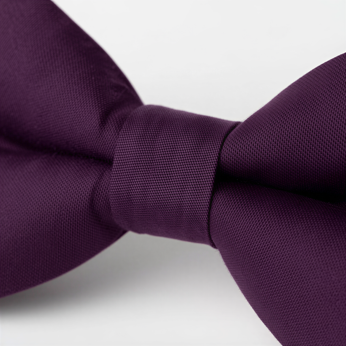 A close-up view of a purple bow tie against a white background.