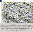 The image is a fabric with a repeating pattern of various school-related objects and symbols, such as pencils, books, backpacks, and school supplies. The pattern is printed in different colors, and there is a note that any or all of these colors may show through on the bow tie. The note advises reaching out to the seller if the desired colors are not available in the fabric.