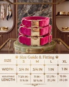 Velvet dog collars with gold buckle hardware arranged above a sizing chart. The chart details four sizes: Small has a width of 3/4 inch and an adjustable length of 7 3/4 to 11 3/4 inches. Medium has a width of 3/4 inch and an adjustable length of 11 to 18 3/4 inches. Large has a width of 1 inch and an adjustable length of 12 1/2 to 21 1/2 inches. Extra Large has a width of 1 inch and an adjustable length of 15 to 23 1/2 inches