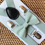 Load image into Gallery viewer, Sage Cotton Bow Tie &amp; Sage Suspenders Set
