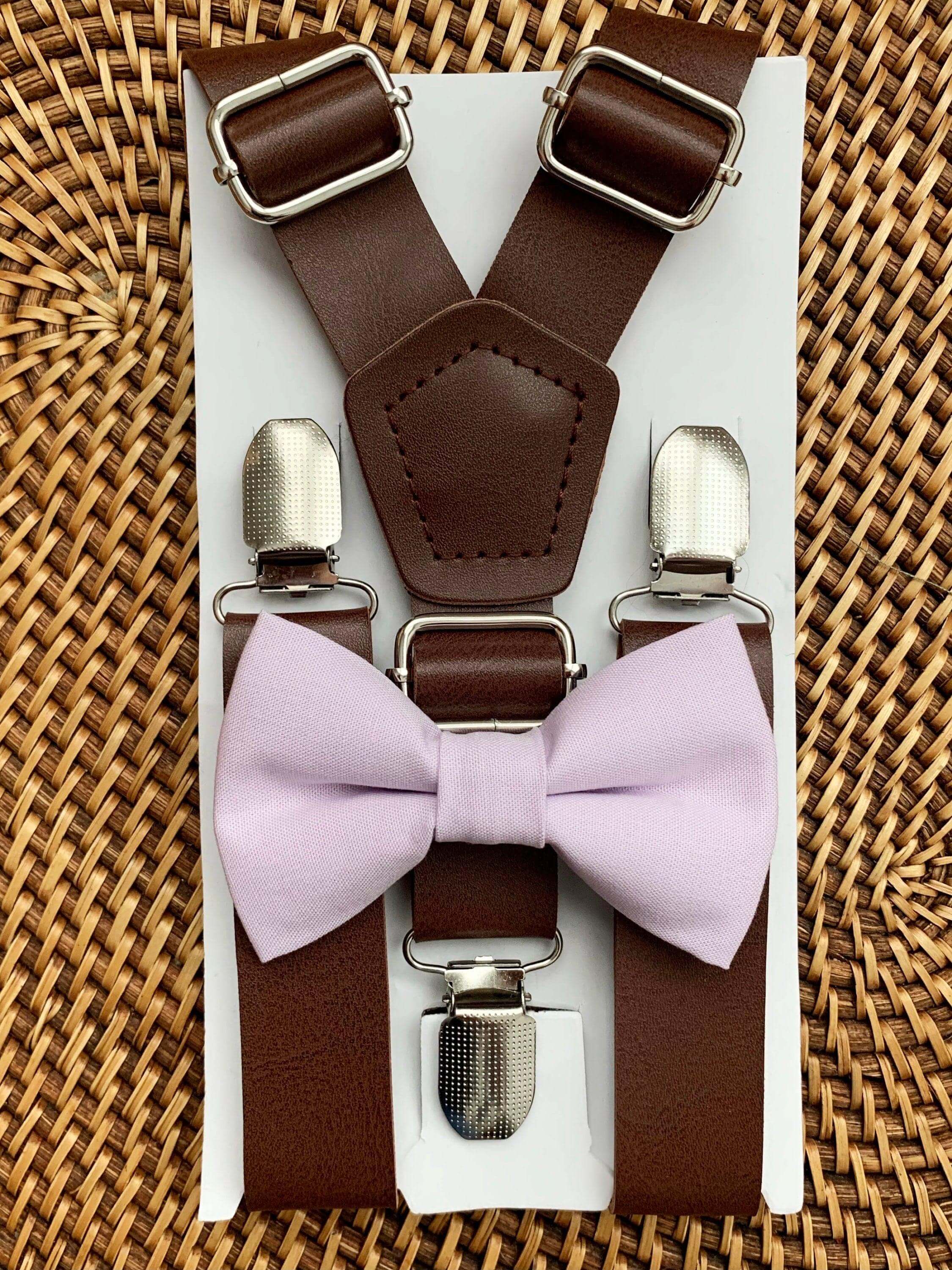 Iris Purple Lavender Bow Tie & Dark Brown Vegan Leather Suspenders Set for wedding groomsmen.