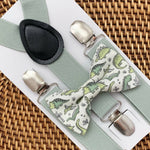 Load image into Gallery viewer, Green Dinosaur Bow Tie &amp; Sage Suspenders Set
