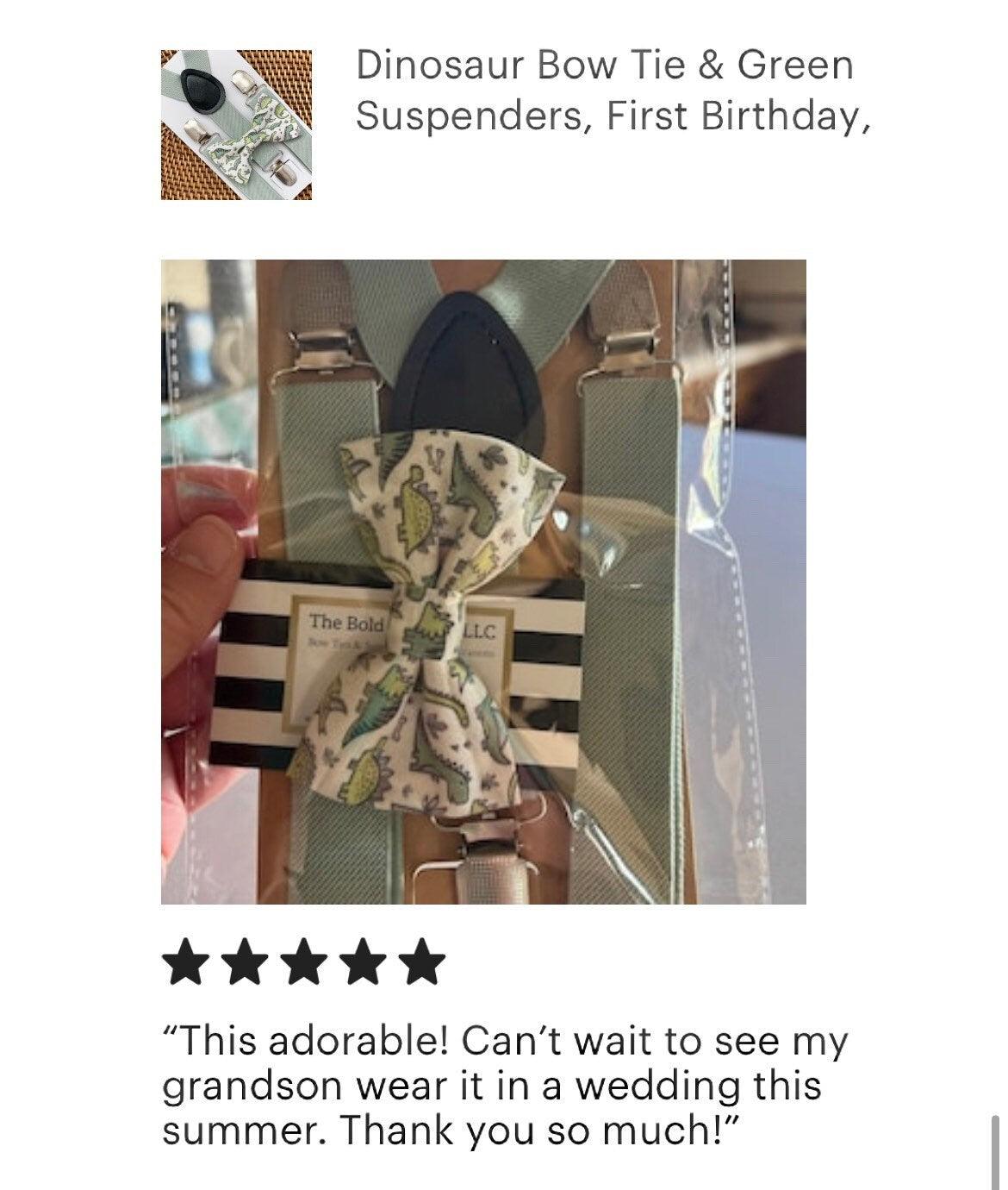 5 Stars on Sage green dinosaur bow tie and Sage suspenders.