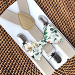 Load image into Gallery viewer, Sage &amp; Gold Floral Bow Tie &amp; Tan Suspenders Set
