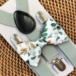 Load image into Gallery viewer, Floral sage bow tie and sage suspenders for wedding.
