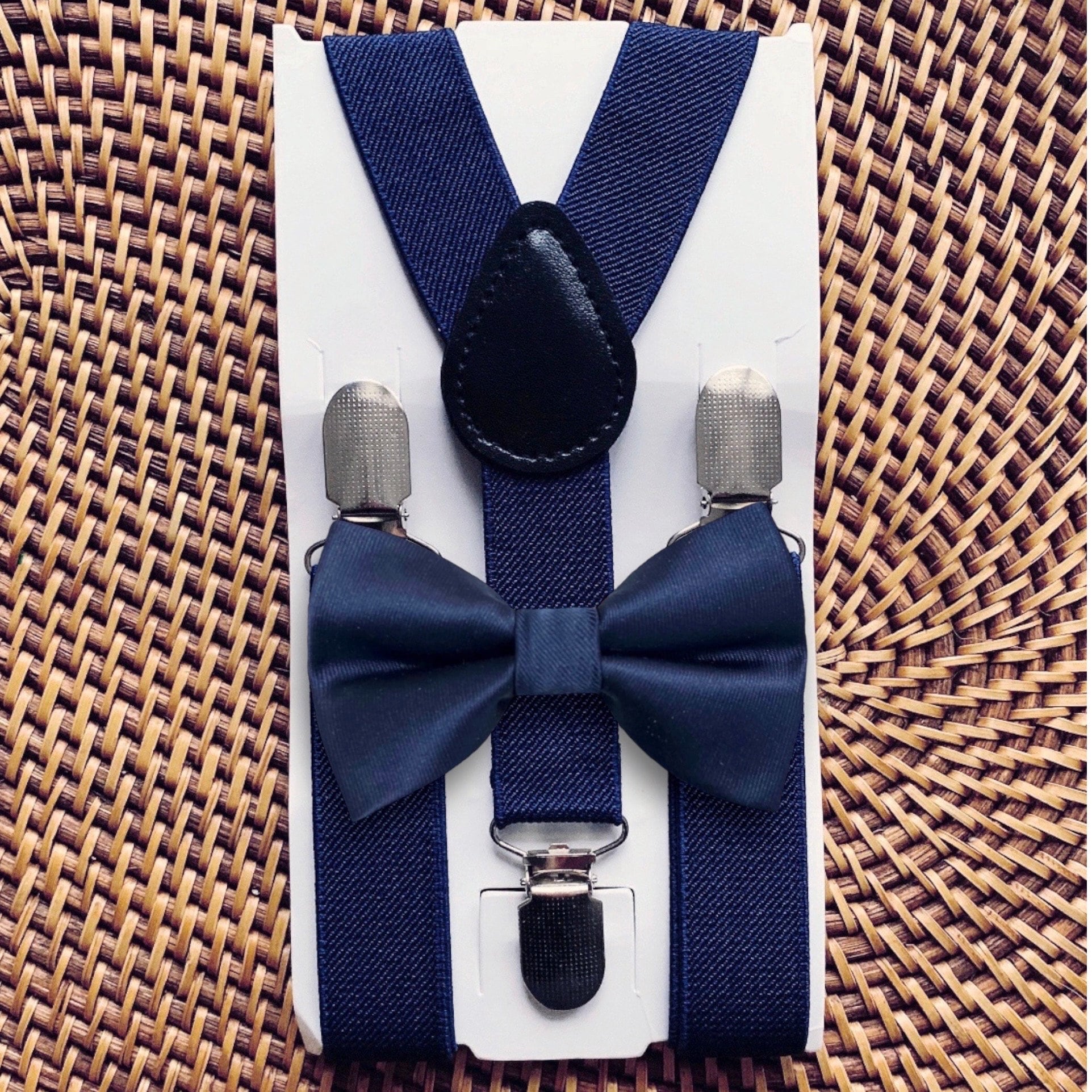 Navy Blue Satin Bow Tie & Navy Suspenders Set