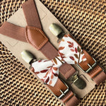 Load image into Gallery viewer, Cognac brown suspenders form a Y-back for men, groomsmen, groom or ring bearer outfit with a terracotta floral bowtie on a white background.
