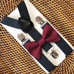 Load image into Gallery viewer, Burgundy Bow Tie &amp; Dark Gray Suspenders Set
