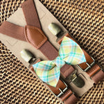 Load image into Gallery viewer, Yellow Easter Bow Tie &amp; Cognac Suspenders
