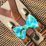 Load image into Gallery viewer, Blue Green Plaid Bow Tie &amp; Cognac Brown Suspenders
