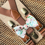 Load image into Gallery viewer, Pink Floral Bow Tie &amp; Cognac Brown Suspenders
