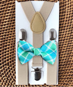 Load image into Gallery viewer, Blue &amp; Green Easter Bow Tie &amp; Cognac Suspenders
