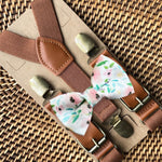 Load image into Gallery viewer, Pink Floral Bow Tie &amp; Cognac Brown Suspenders

