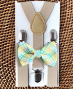 Load image into Gallery viewer, Yellow Easter Bow Tie &amp; Tan Suspenders
