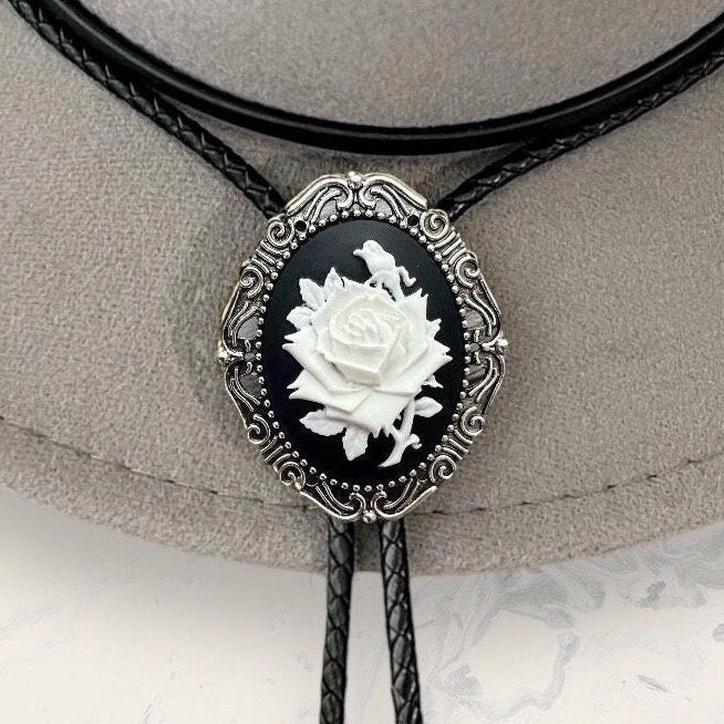 Rose bolo tie - Western Gifts for Her Bolo Tie - Indian Leather Western Wedding Necktie Mens Necklace Bola with Cabochon Rodeo
