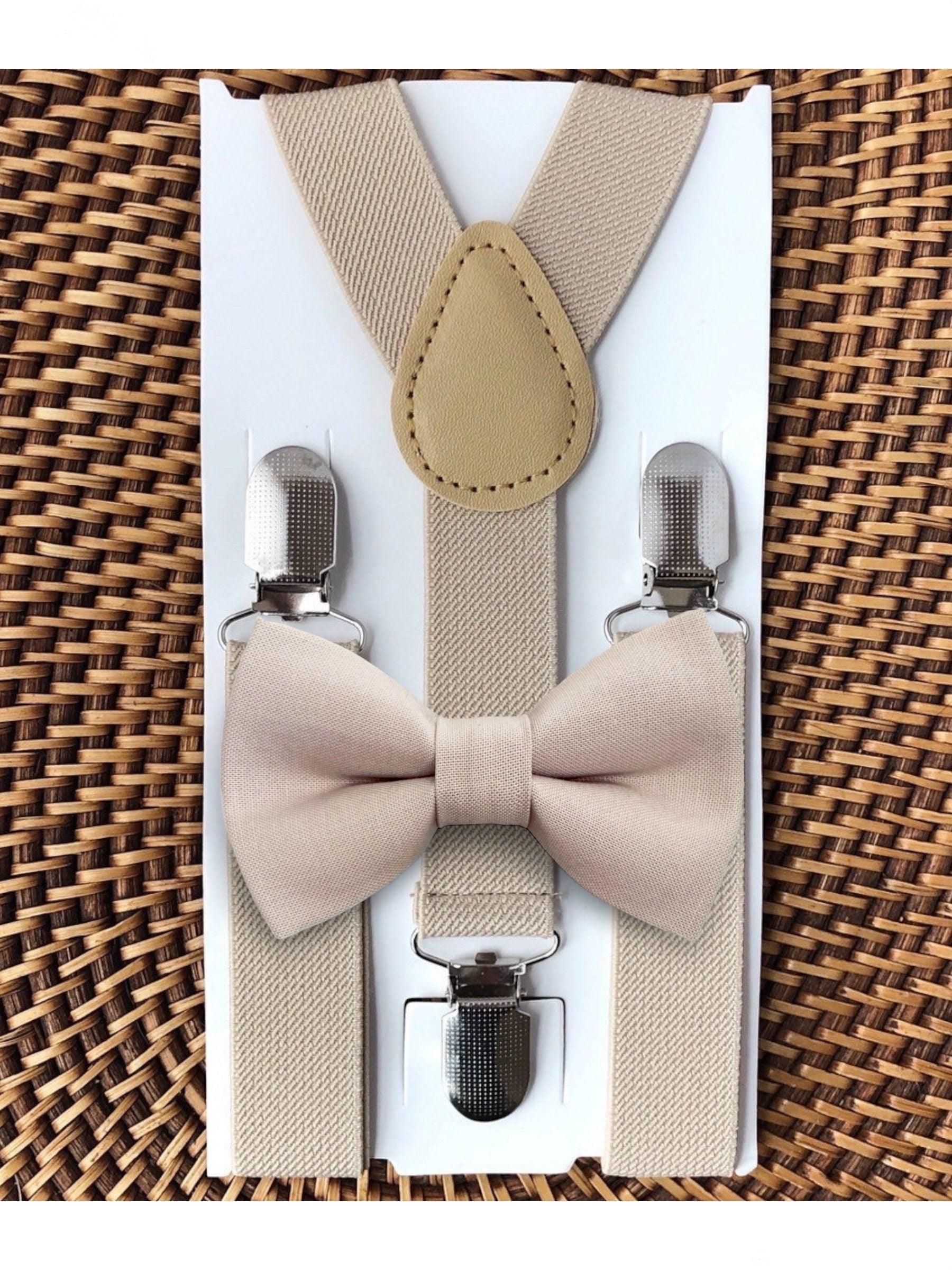 Biscotti Bow Tie for Wedding Bowtie & Suspenders, Tan Bow Tie for Ring Bearer or Mens Ties, Champagne Boys Bow Tie Suspenders Wedding Outfit