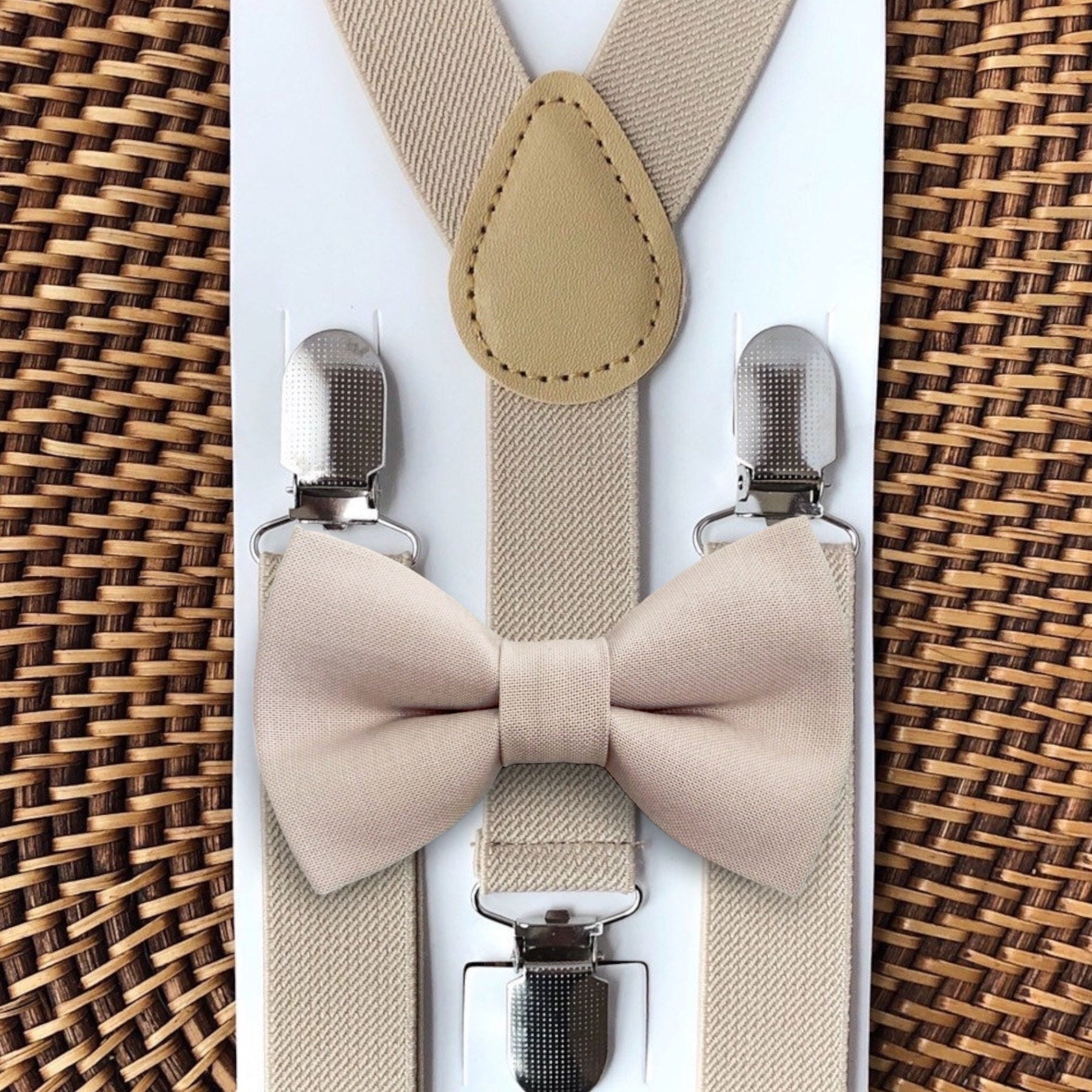 Biscotti Bow Tie for Wedding Bowtie & Suspenders, Tan Bow Tie for Ring Bearer or Mens Ties, Champagne Boys Bow Tie Suspenders Wedding Outfit